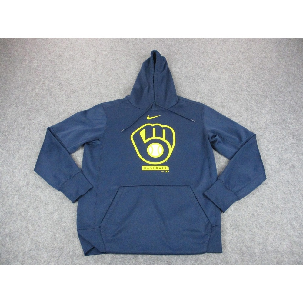 Milwaukee Brewers Hoodie Mens Medium Blue Yellow Nike Center Swoosh MLB Baaeball